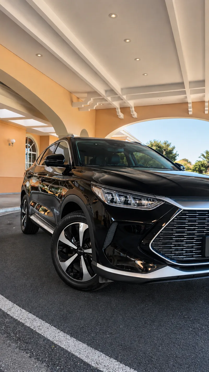 Black executive SUV seen from the front, with its headlights on, under a hotel canopy