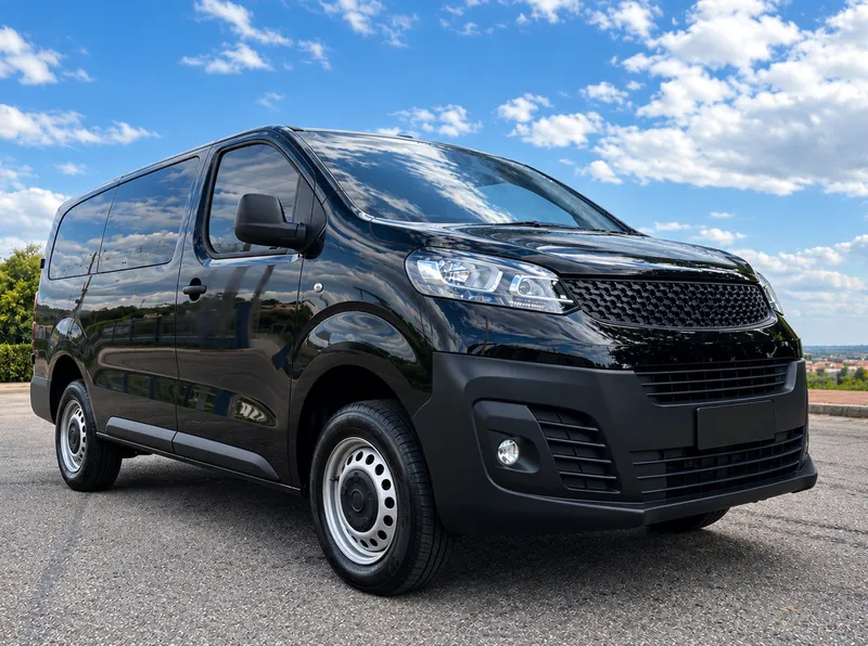 Black minivan parked outdoors under a blue sky