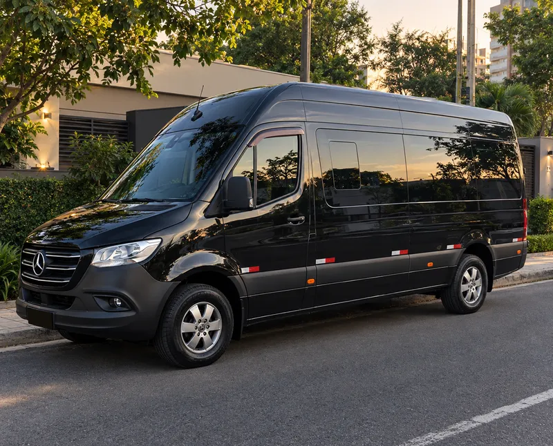 Black executive passenger van parked on a tree-lined street at dusk