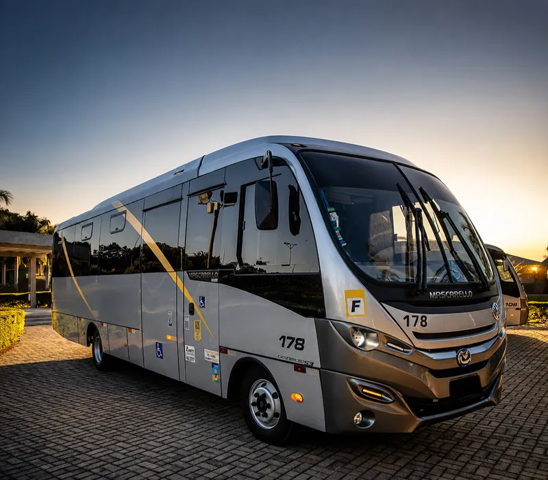 Silver minibus with the Faria brand at sunset