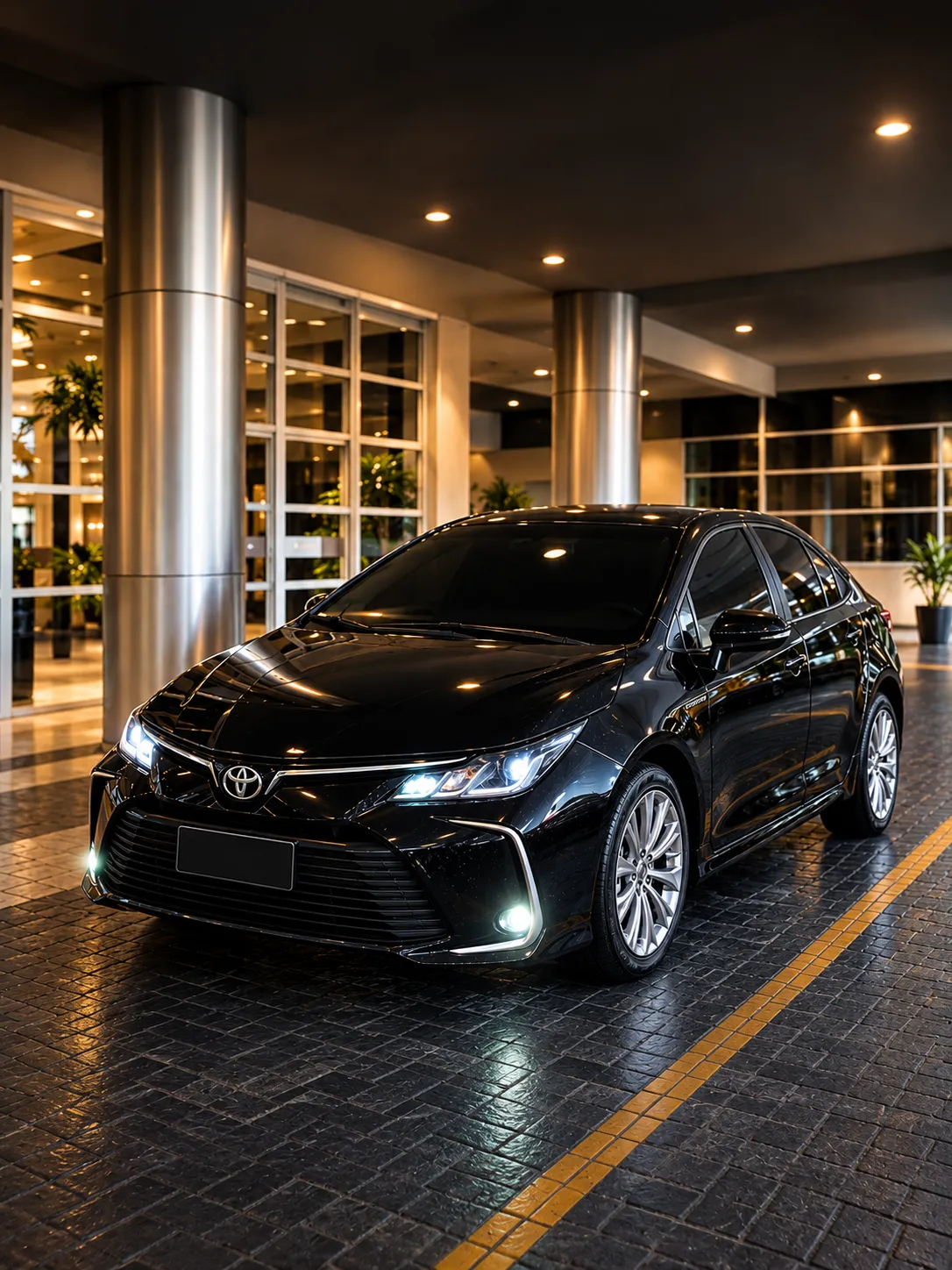 Black executive sedan with its headlights on, parked at the lit entrance of an office building